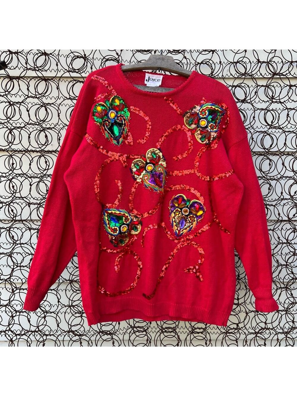Vintage Joyce red gaudy sequin ornament Mardi Gras sweater